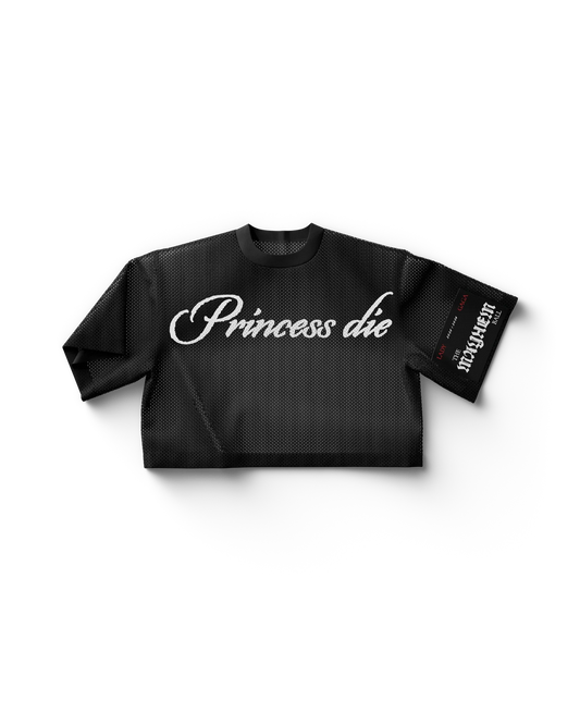 Black Lady Gaga merch cropped jersey front view with “Princess Die” script text in white, edgy gothic Gaga shirt design