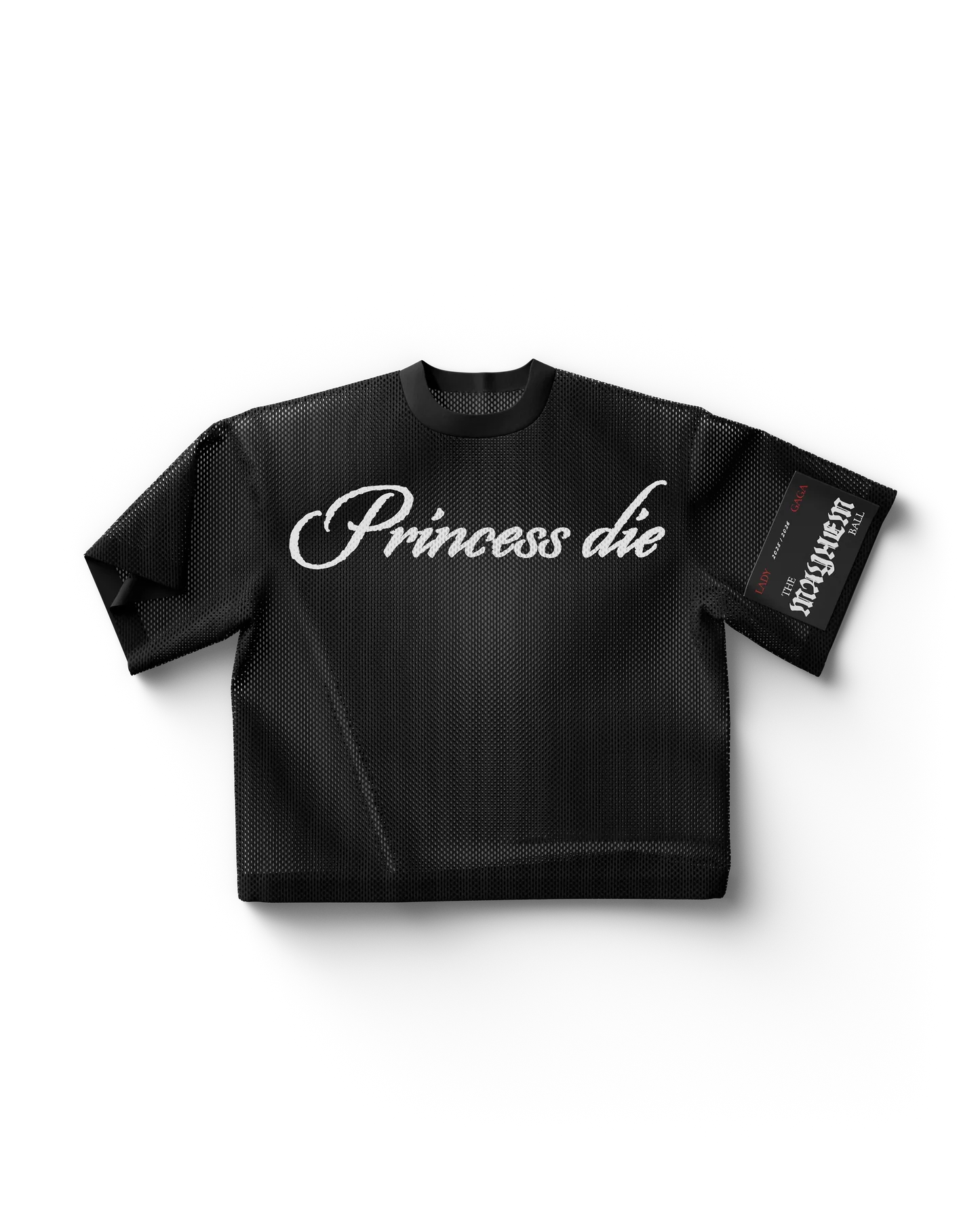 Black Lady Gaga merch t shirt front view with "Princess Die" script text in white, minimalist gothic Gaga shirt design