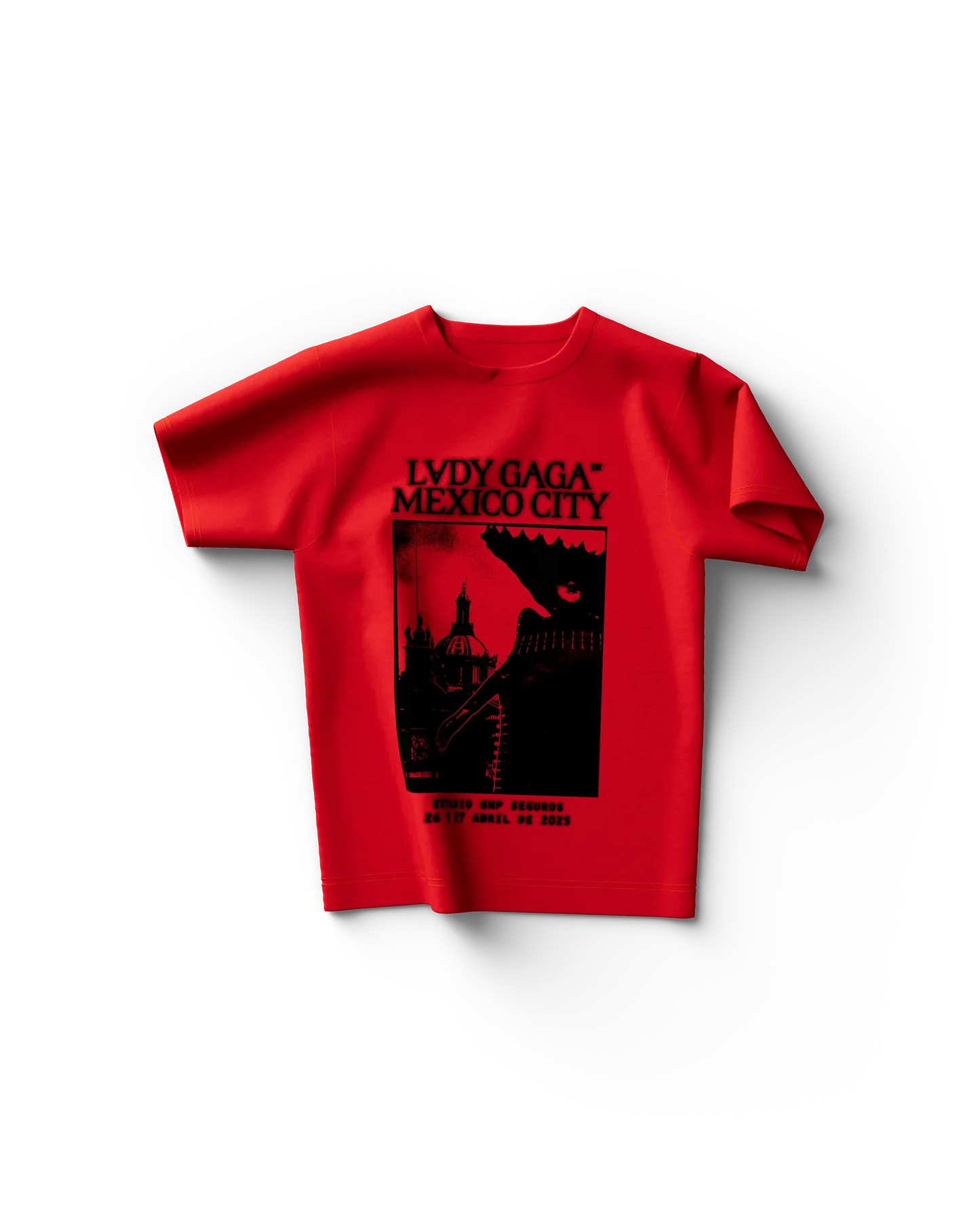 Red Lady Gaga t shirt front view featuring black "Lady Gaga Mexico City" poster graphic with event details