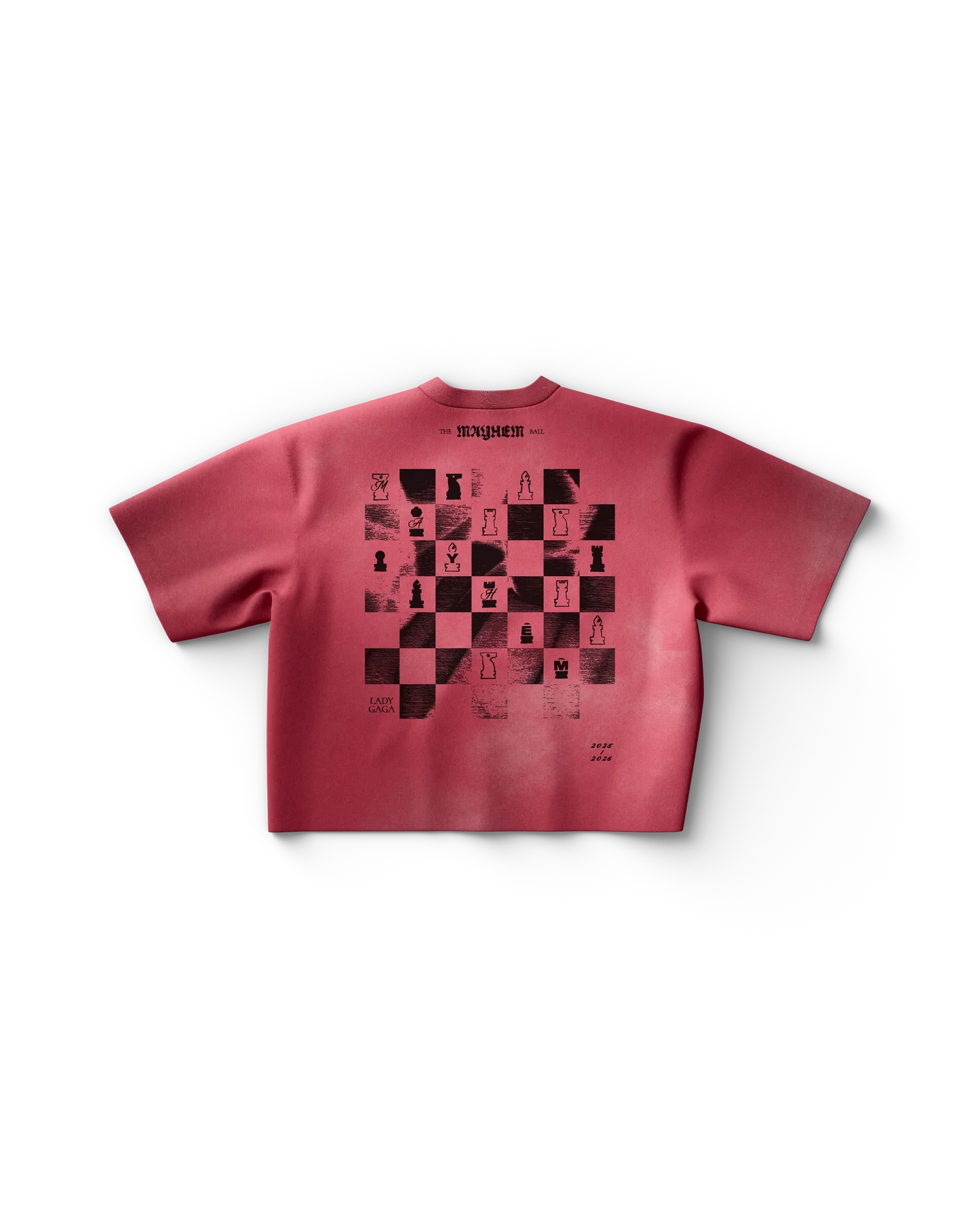 Red Lady Gaga merch t shirt back view with chessboard graphic design, "The Mayhem Ball" text, and 2025–2026 tour details
