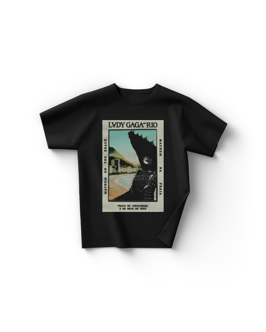 Black Lady Gaga merch t shirt front view with Rio concert poster graphic featuring Copacabana beach scene and portrait, Gaga tour merch design
