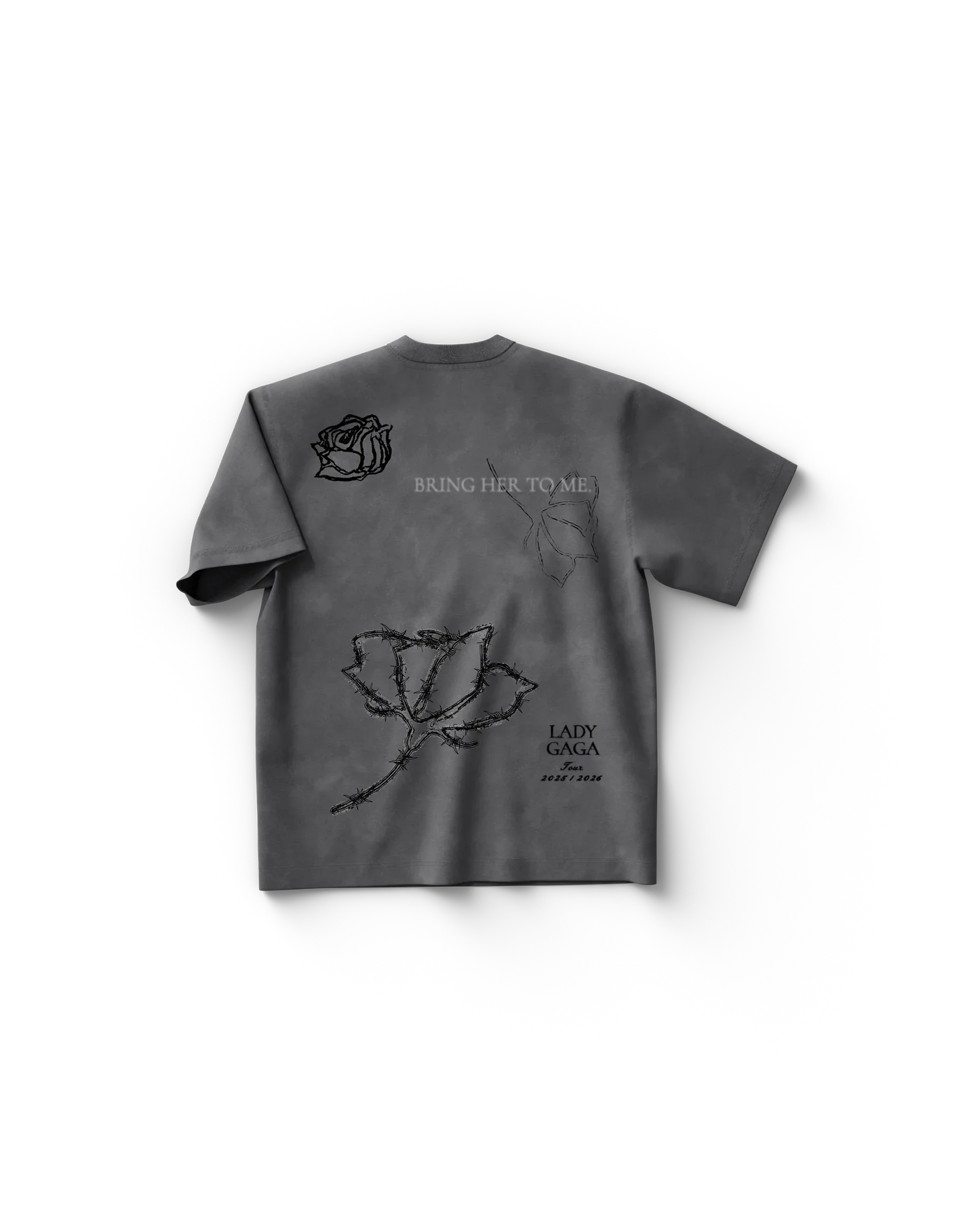 Grey Lady Gaga t shirt back view featuring rose illustrations with “BRING HER TO ME” text and subtle tour branding, edgy Gaga tour merch aesthetic