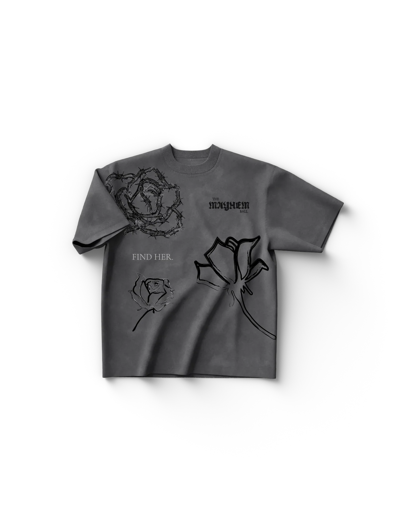 Grey Lady Gaga t shirt front view with abstract thorn rose graphics and “FIND HER.” text, dark artistic Gaga merch design with Mayhem Ball detail