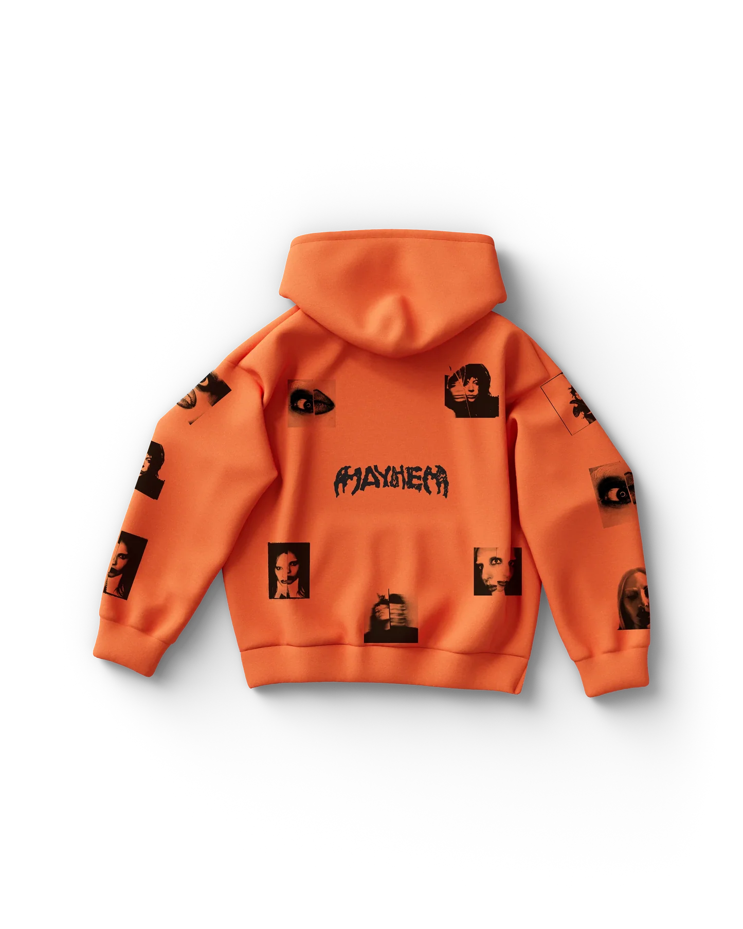 Orange Lady Gaga hoodie back view featuring scattered photo collage with “MAYHEM” text centered