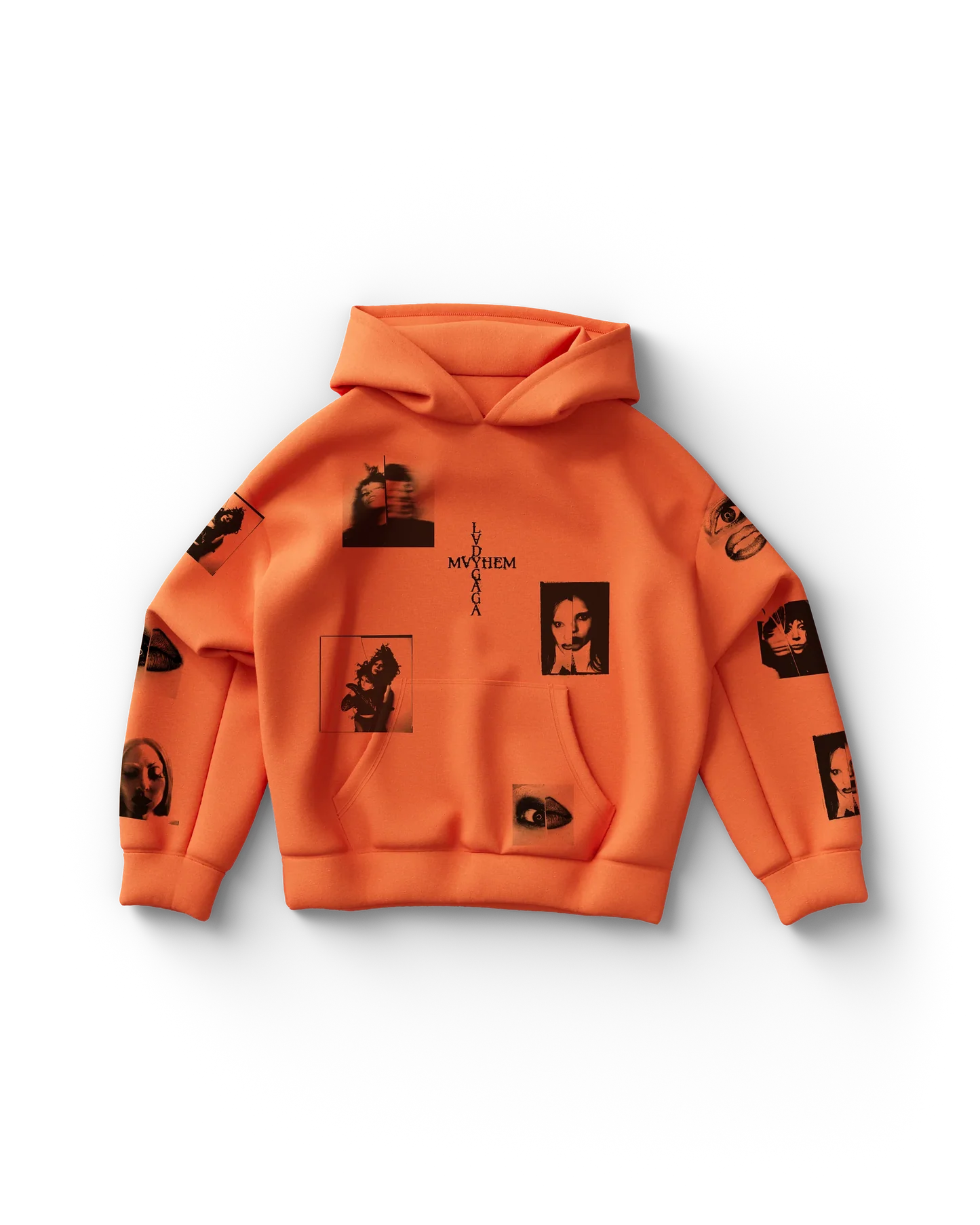 Orange Lady Gaga hoodie front view featuring scattered black-and-white photo prints with vertical “LADY GAGA MAYHEM” text