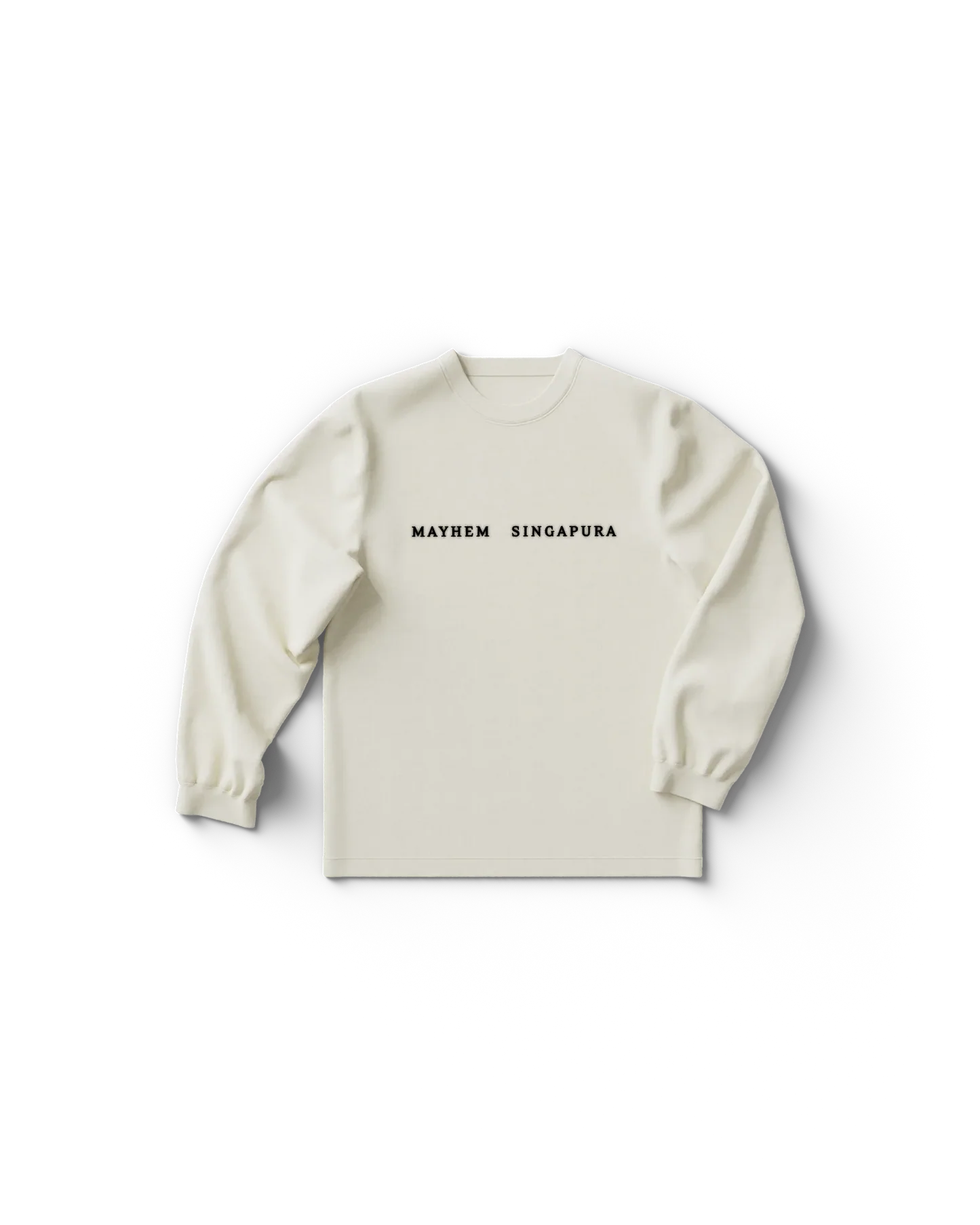 White Lady Gaga merch long sleeve t shirt front view with “Mayhem Singapura” text, clean minimalist Gaga tour merch design