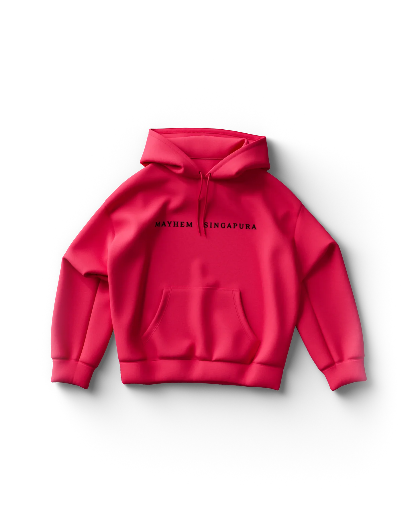 Pink Lady Gaga merch hoodie front view with “Mayhem Singapura” text, minimal Gaga tour merch design with kangaroo pocket