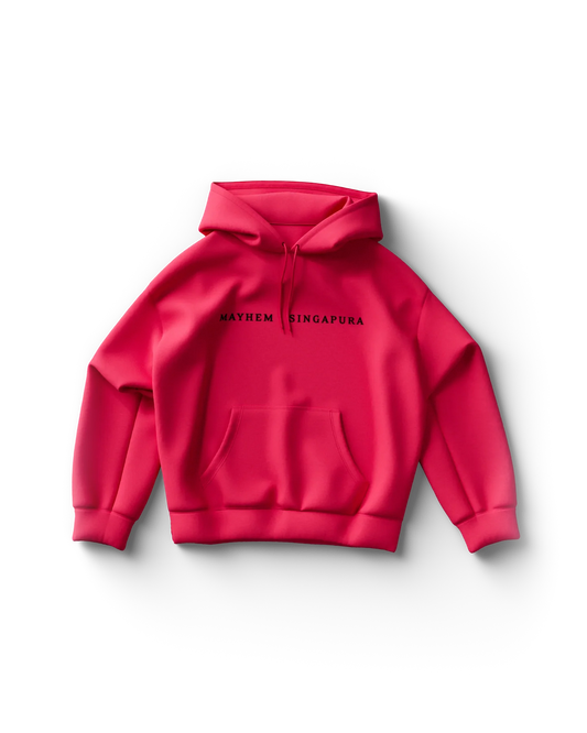 Pink Lady Gaga merch hoodie front view with “Mayhem Singapura” text, minimal Gaga tour merch design with kangaroo pocket