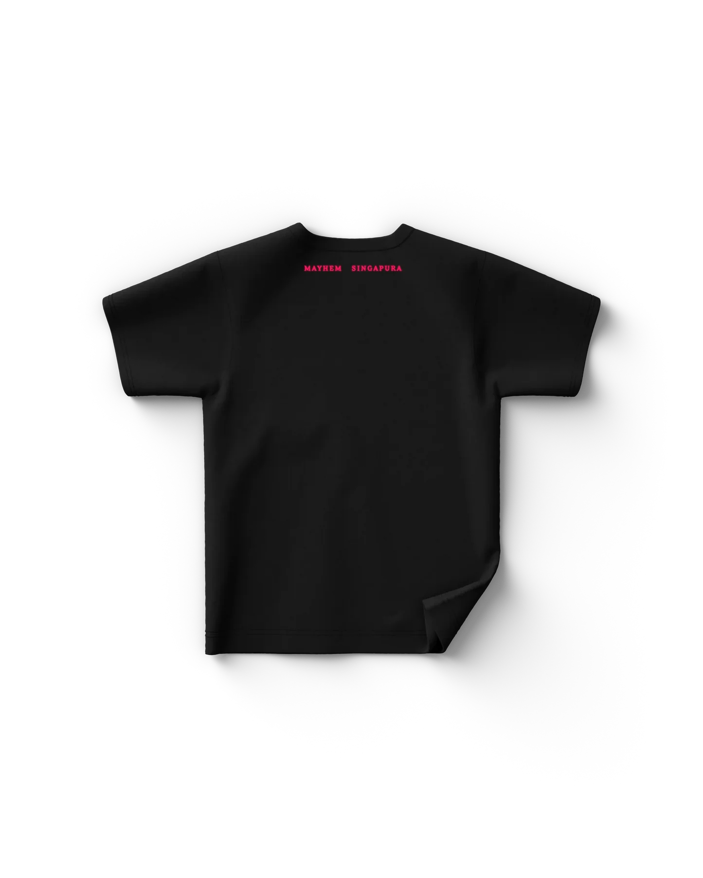 Charcoal Lady Gaga t shirt back view with small red “Mayhem Singapura” text, minimal Gaga merch tour design