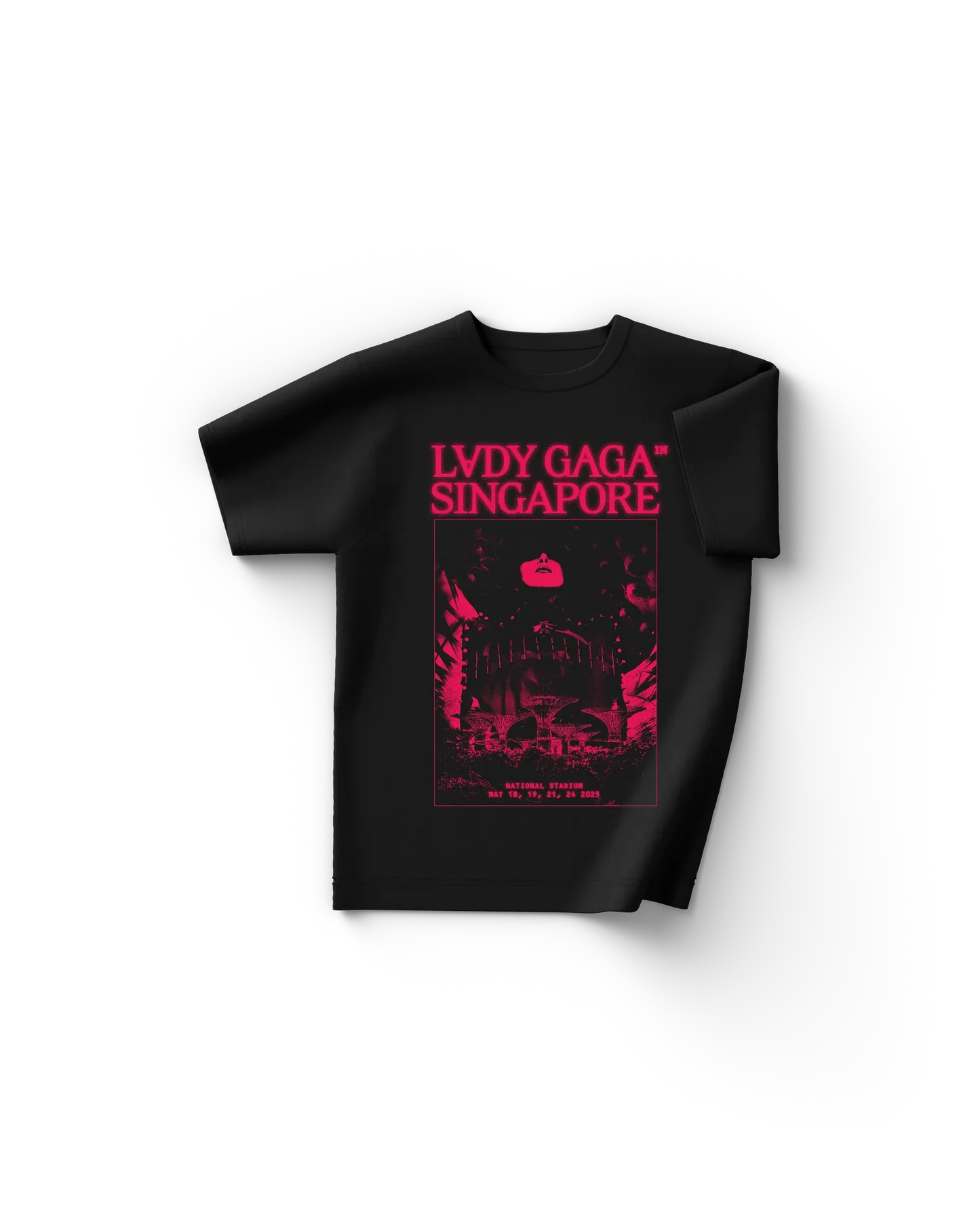 Charcoal Lady Gaga merch t shirt front view with bold red Singapore tour graphic, portrait design and concert dates, Gaga tour merch style