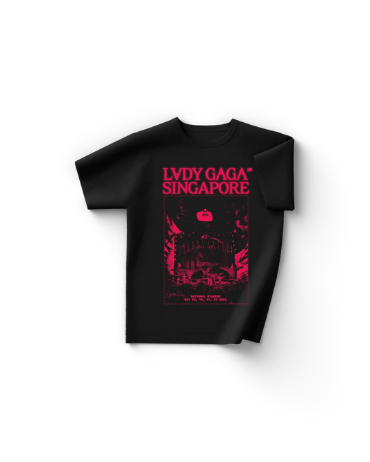 Charcoal Lady Gaga merch t shirt front view with bold red Singapore tour graphic, portrait design and concert dates, Gaga tour merch style