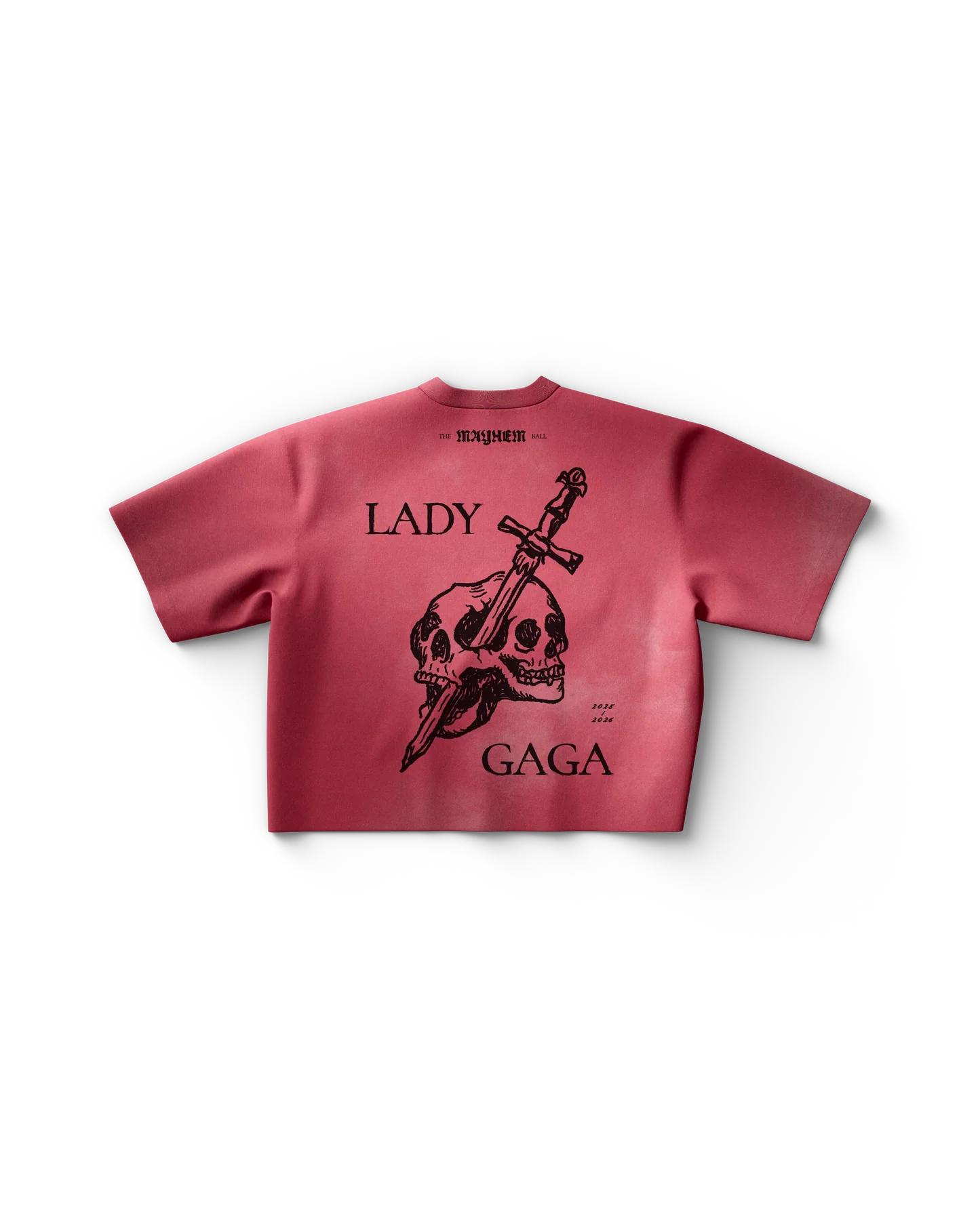 Red Lady Gaga t shirt back view with skull and dagger illustration and "Lady Gaga" text with tour years 2025 2026