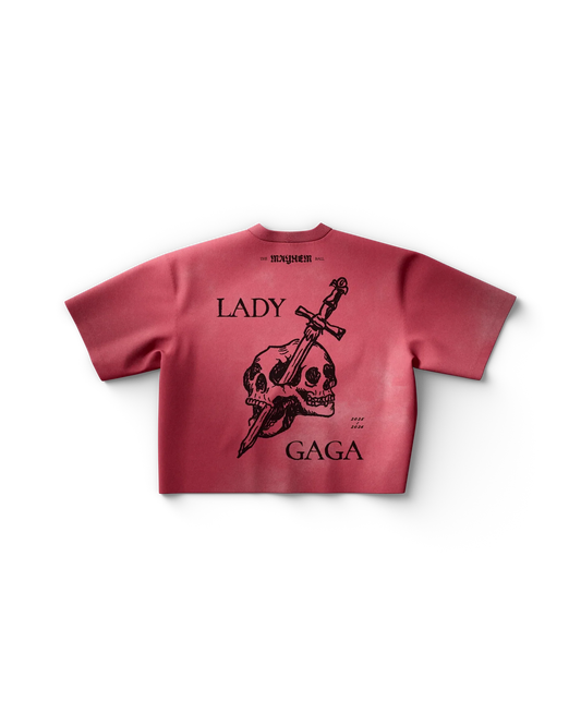 Red Lady Gaga t shirt back view with skull and dagger illustration and "Lady Gaga" text with tour years 2025 2026