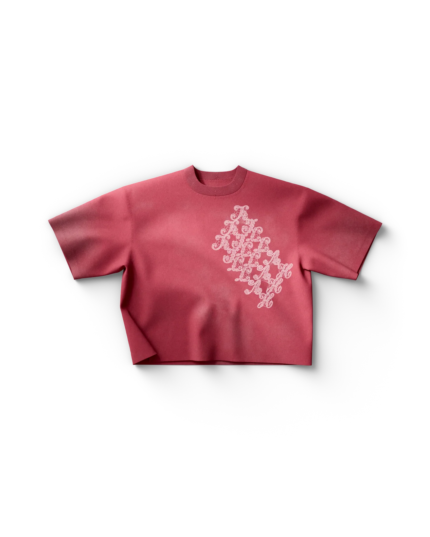 Red Lady Gaga t shirt front view featuring intricate white graphic design across the chest