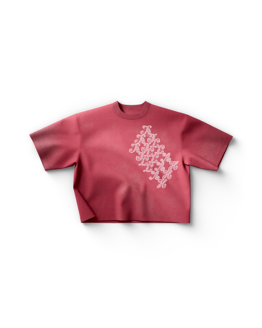 Red Lady Gaga t shirt front view featuring intricate white graphic design across the chest