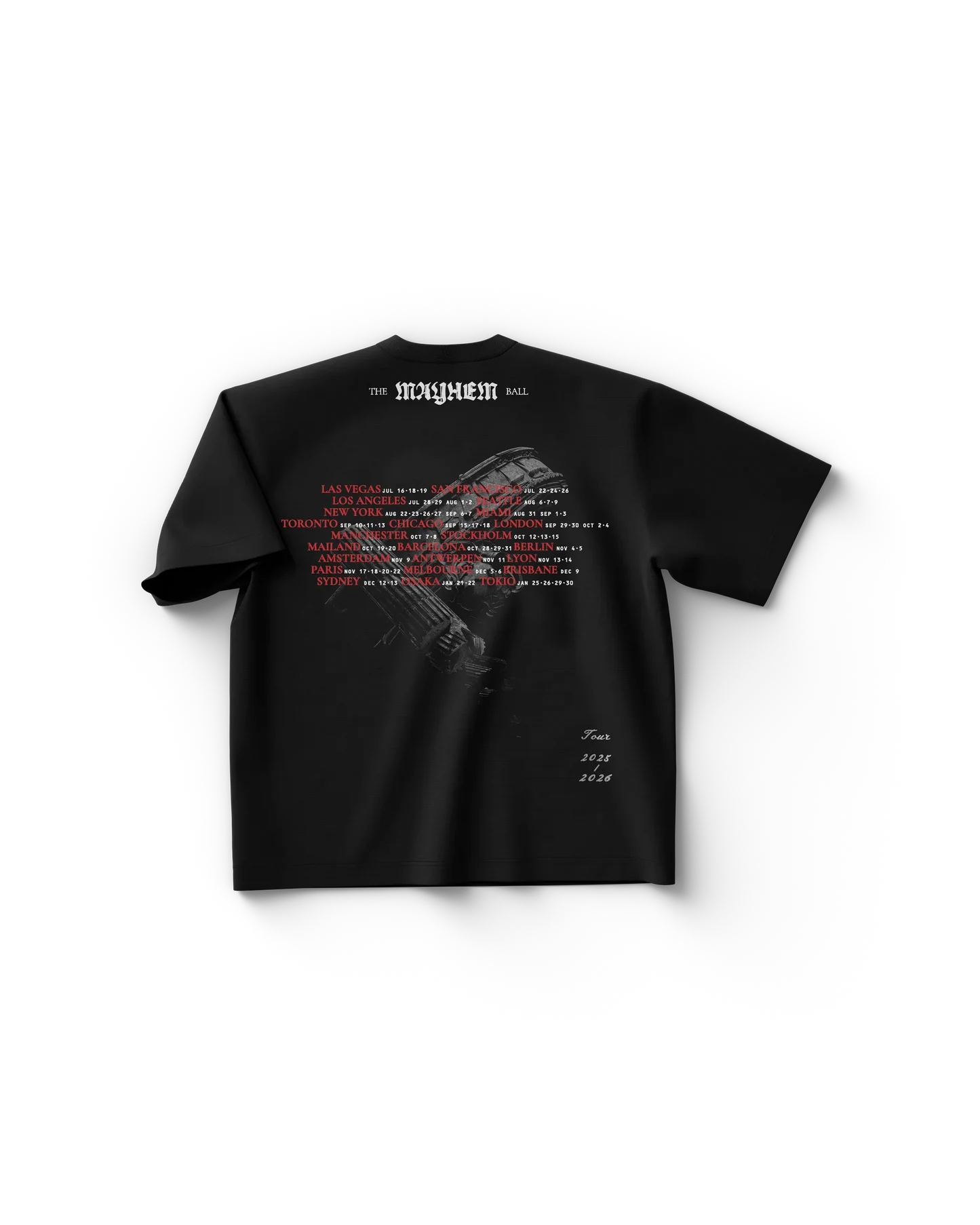 Black Lady Gaga t shirt back view featuring "The Mayhem Ball" tour dates design in red and white with graphic artwork