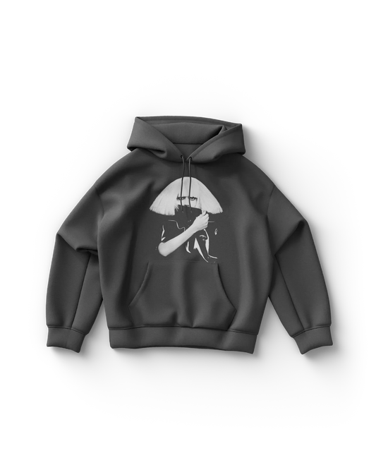Dark gray Lady Gaga hoodie front view featuring black and white portrait graphic