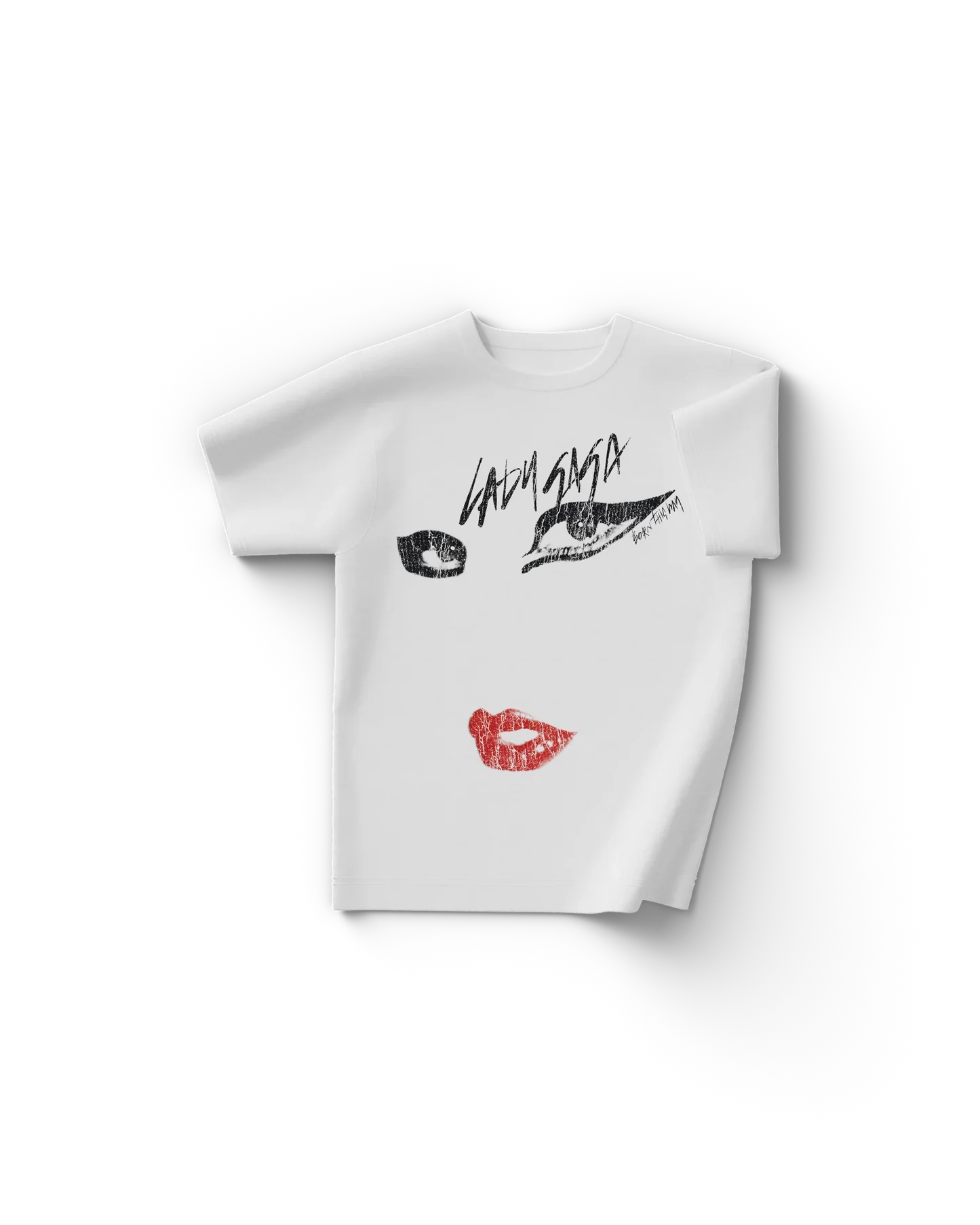 White Lady Gaga merch t shirt front view with stylized eyes graphic and red lips with text "Lady Gaga Born This Way"
