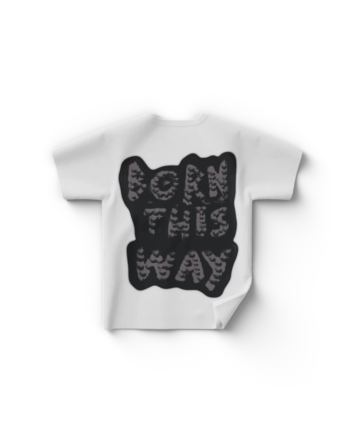 White Lady Gaga merch t shirt back view with stylized text "BORN THIS WAY" in bold abstract lettering