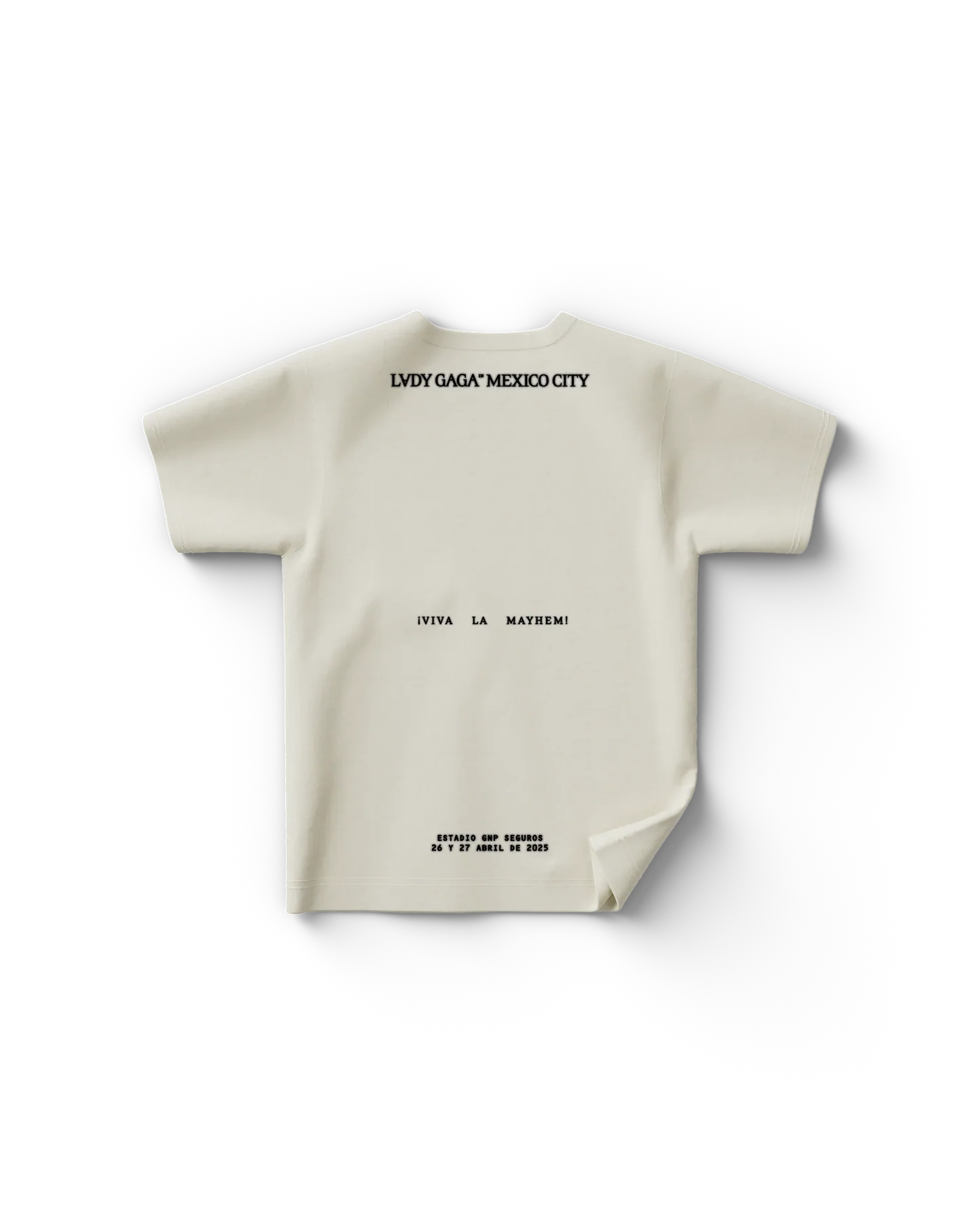 White Lady Gaga t shirt back view with "Lady Gaga Mexico City" text and event details including dates and "Viva La Mayhem!" text