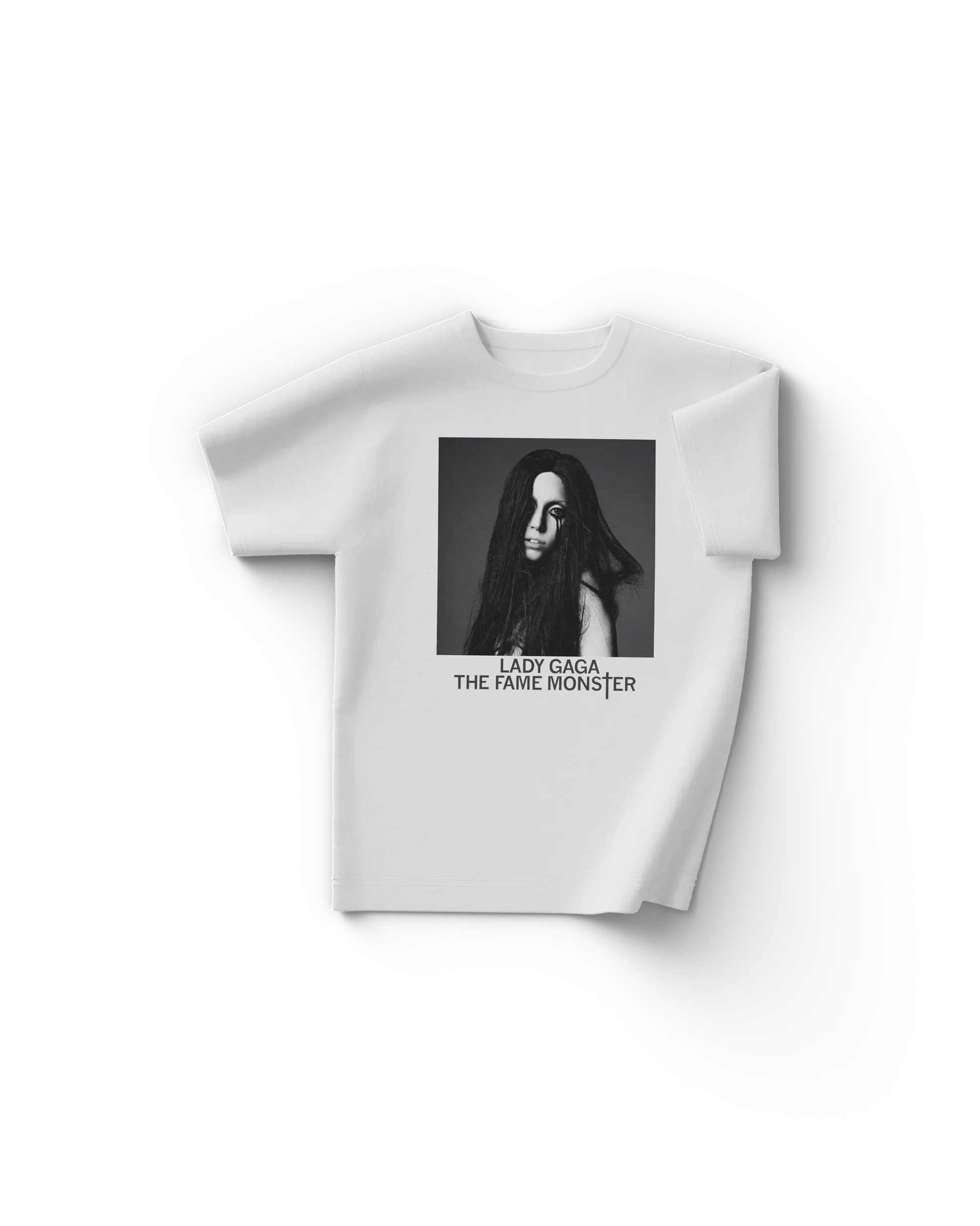 White Lady Gaga merch t shirt front view with black and white portrait graphic and text "Lady Gaga The Fame Monster"