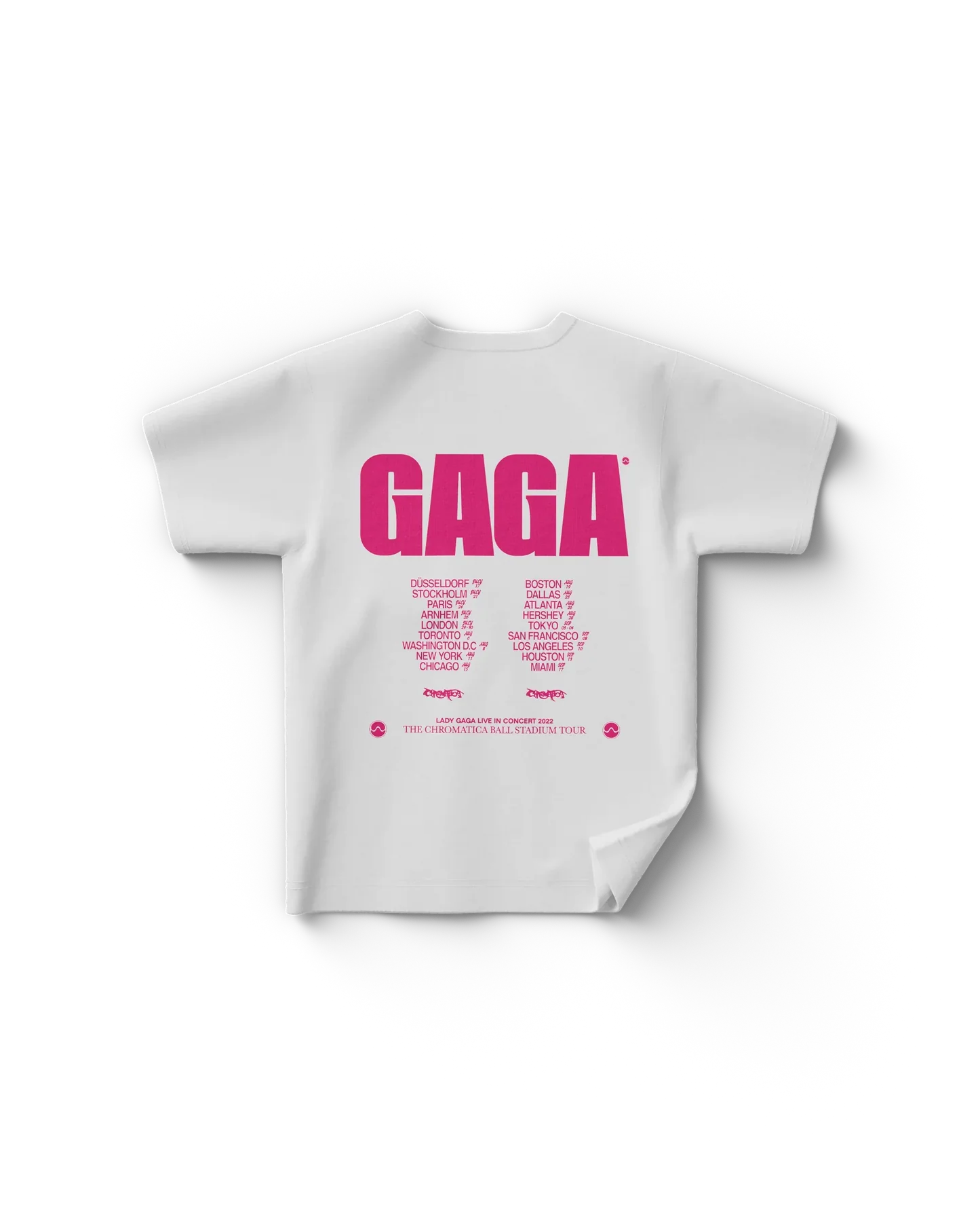 White Lady Gaga t shirt back view with bold pink “GAGA” text and Chromatica Ball tour dates, iconic Gaga tour merch design