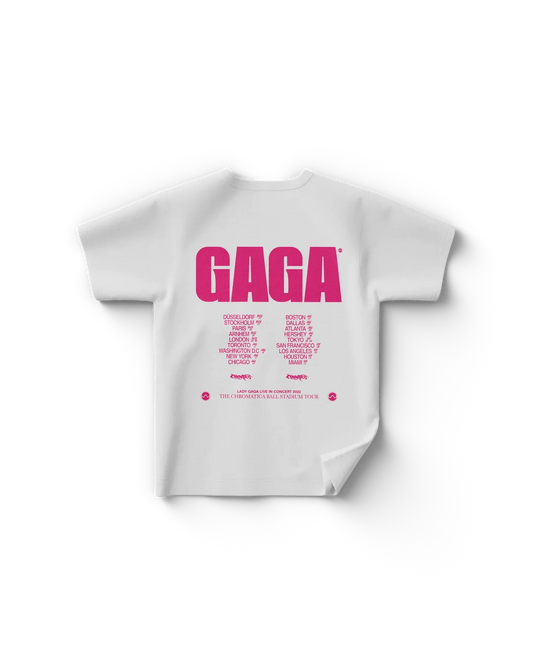 White Lady Gaga t shirt back view with bold pink “GAGA” text and Chromatica Ball tour dates, iconic Gaga tour merch design