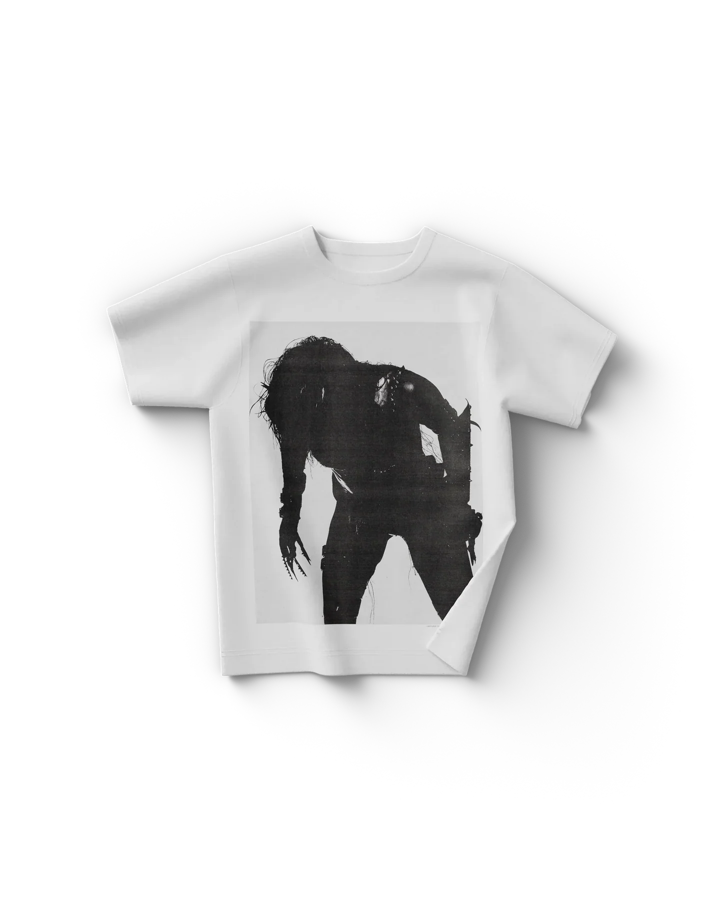 White Lady Gaga merch t shirt front view with black silhouette graphic, edgy minimal Gaga shirt design inspired by Chromatica era