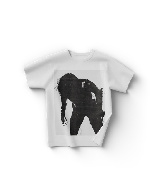 White Lady Gaga merch t shirt front view with black silhouette graphic, edgy minimal Gaga shirt design inspired by Chromatica era