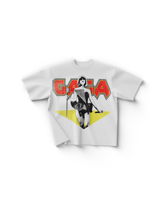 lady gaga metal oversized t shirt front gaga merch featuring bold gaga graphic with vintage performance inspired design in red yellow and black