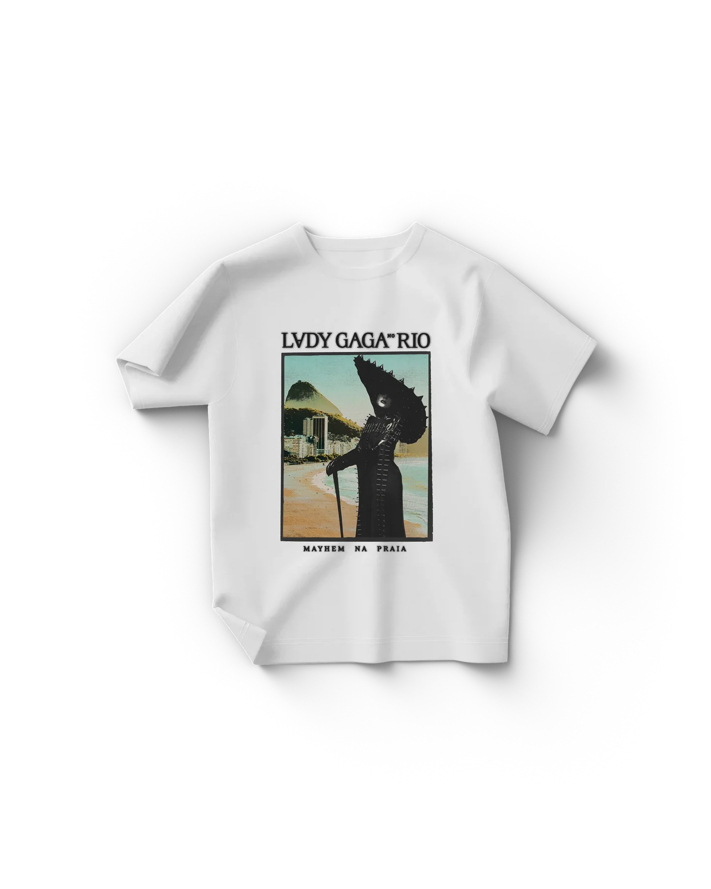 White Lady Gaga Rio poster t-shirt front featuring vintage style beach scene graphic with Gaga in black outfit and LV D Y GAGA RIO text
