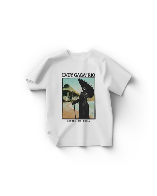 White Lady Gaga Rio poster t-shirt front featuring vintage style beach scene graphic with Gaga in black outfit and LV D Y GAGA RIO text