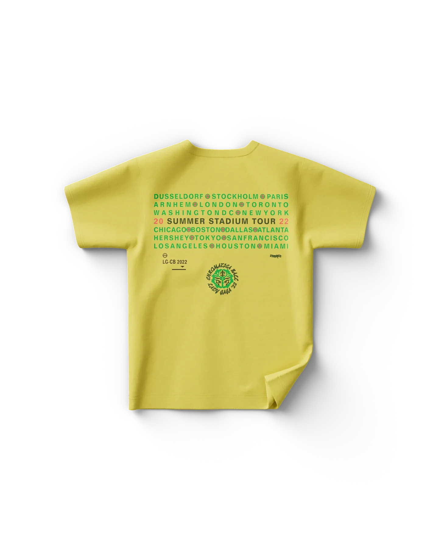 Yellow Lady Gaga t-shirt back featuring Summer Stadium Tour 2022 city list in green and red text with Chromatica branding