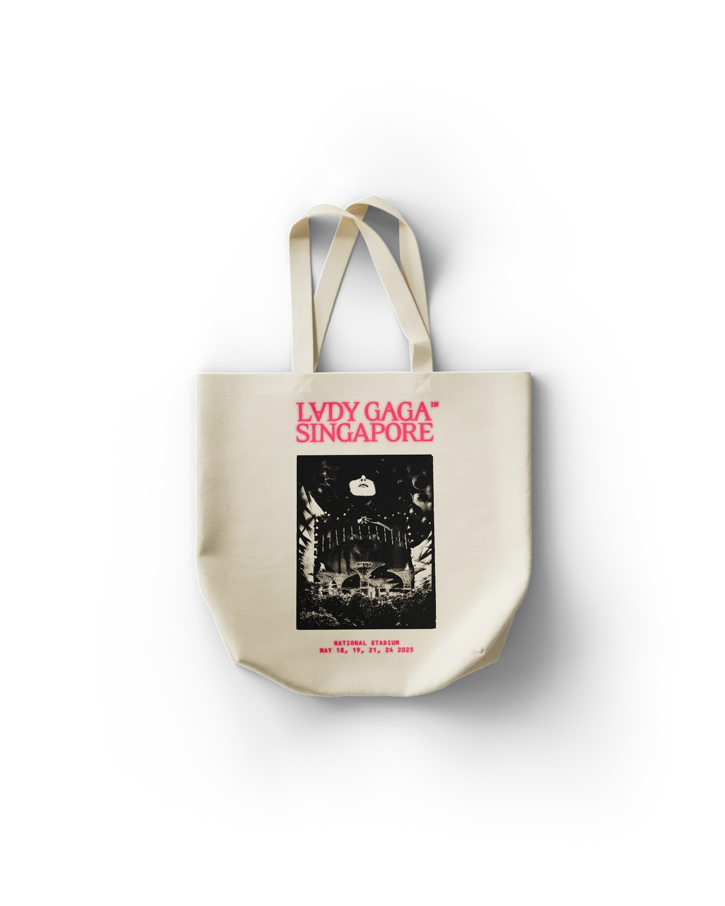 Lady Gaga Singapore tote bag front featuring concert artwork with “Lady Gaga Singapore” text and National Stadium 2025 dates