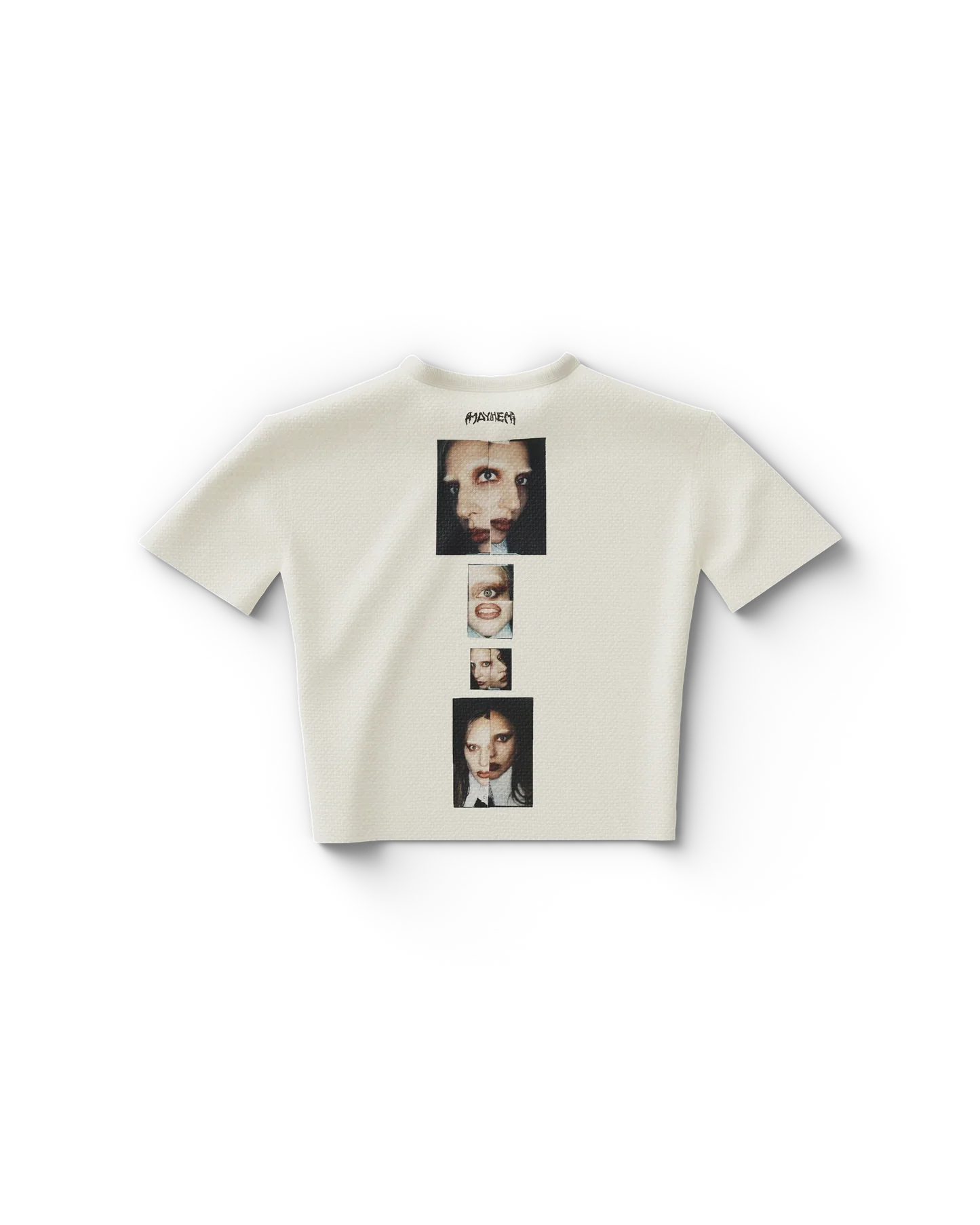 lady gaga stacked photo baby t shirt back gaga merchandise featuring vertical collage of portrait images with mayhem branding on cream cropped tee