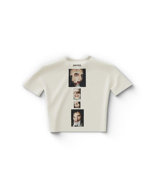 lady gaga stacked photo baby t shirt back gaga merchandise featuring vertical collage of portrait images with mayhem branding on cream cropped tee