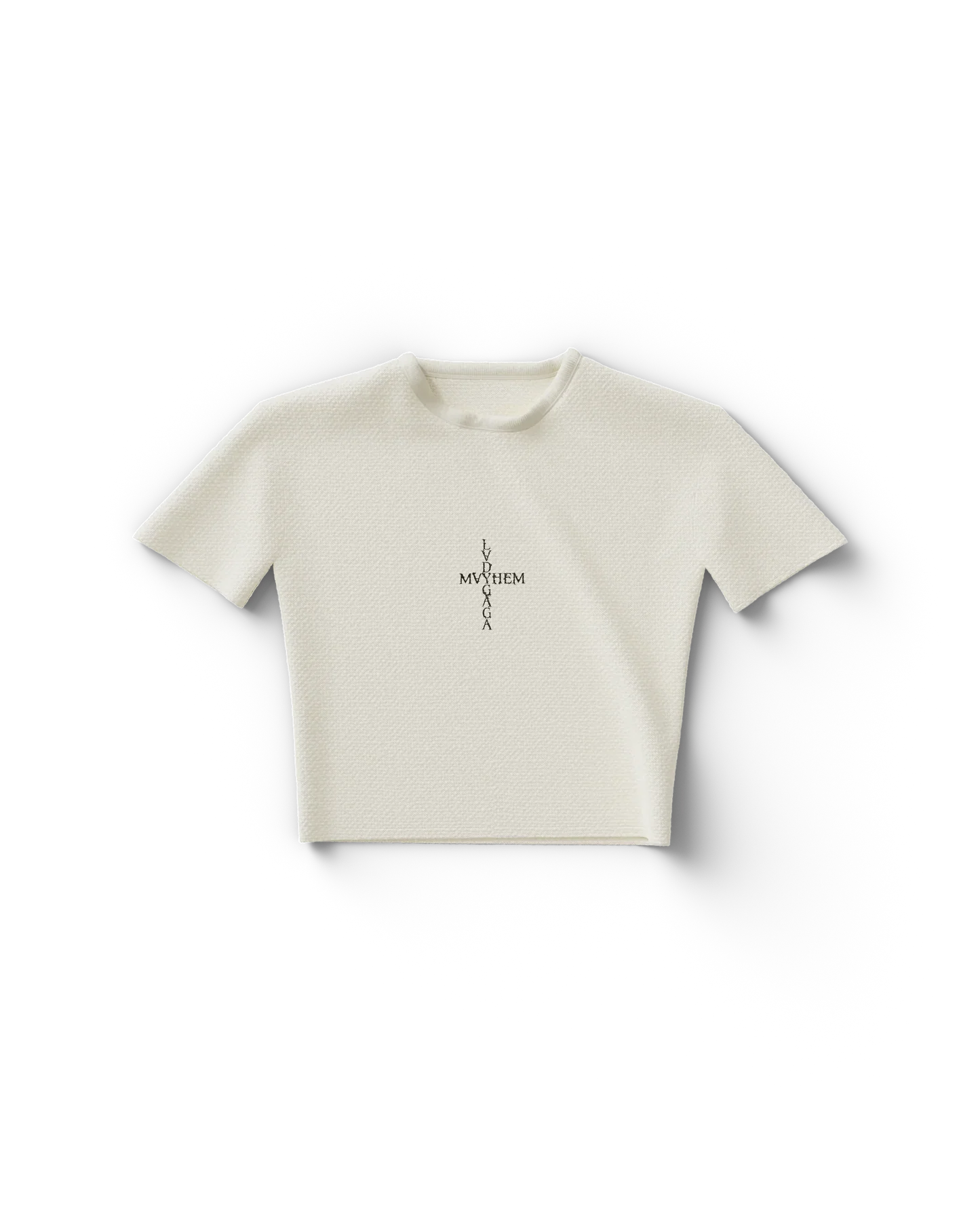 lady gaga stacked photo baby t shirt front gaga merch featuring minimal mayhem text logo on cream textured crop tee