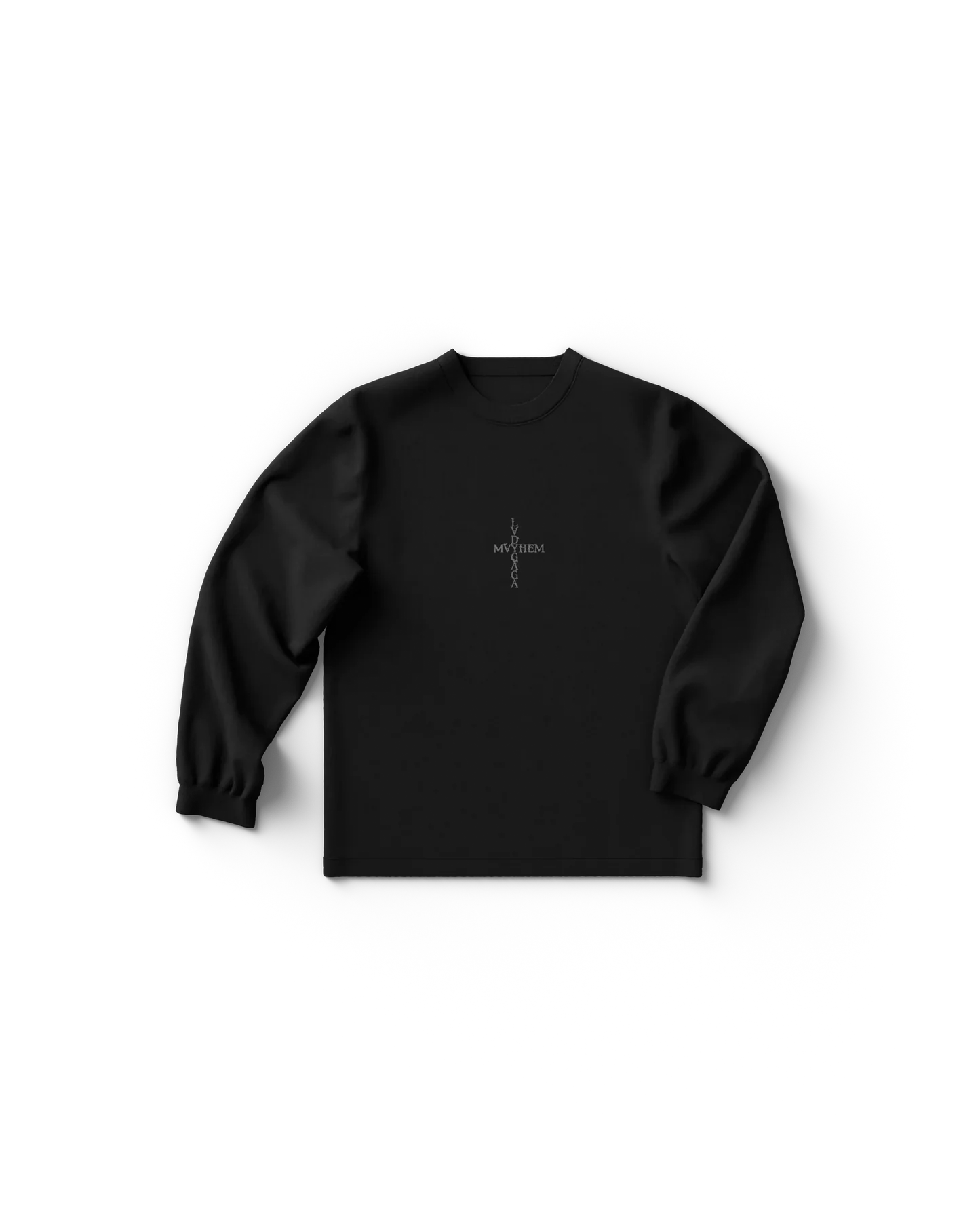 Black long sleeve Lady Gaga t-shirt front featuring small centered vertical MAYHEM logo text design