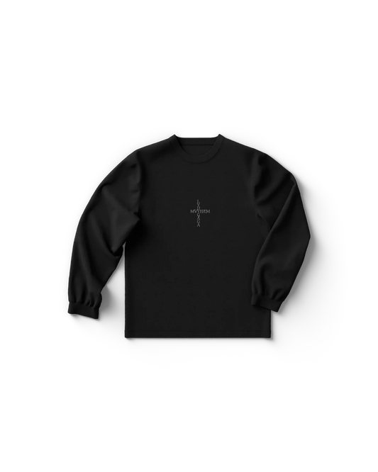 Black long sleeve Lady Gaga t-shirt front featuring small centered vertical MAYHEM logo text design