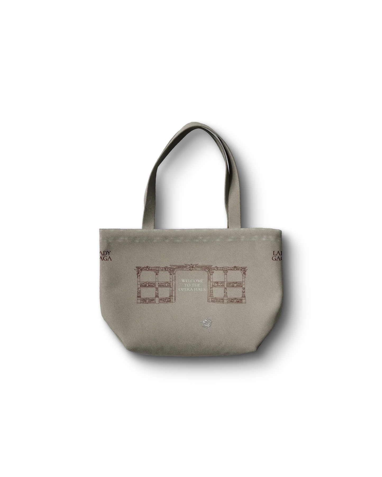 lady gaga tan opera haus tote bag back gaga merchandise featuring opera haus architectural graphic with vintage design