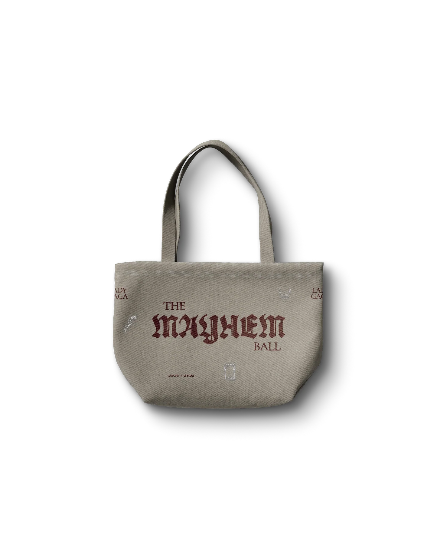 lady gaga tan opera haus tote bag front gaga merch featuring mayhem ball logo in vintage gothic typography