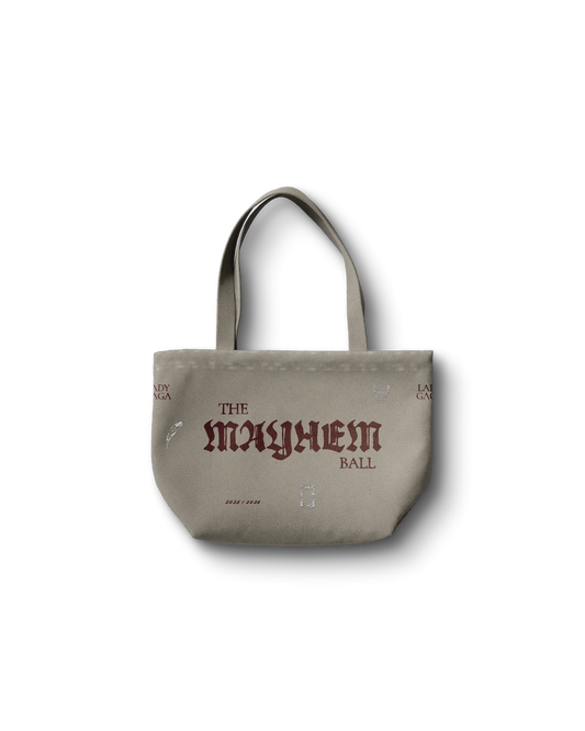 lady gaga tan opera haus tote bag front gaga merch featuring mayhem ball logo in vintage gothic typography