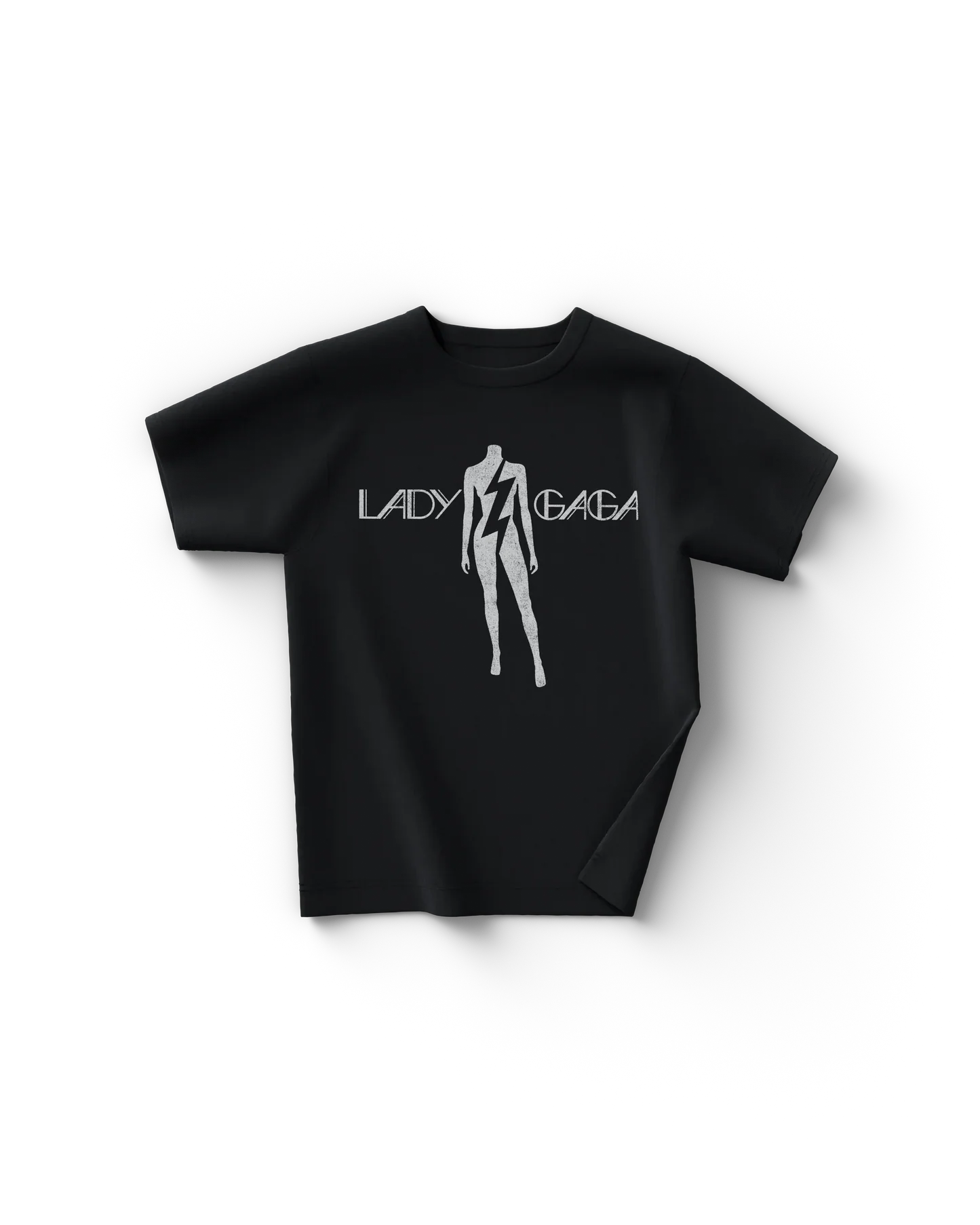 Black Lady Gaga The Fame t-shirt front featuring minimalist white silhouette graphic with lightning bolt and Lady Gaga logo text
