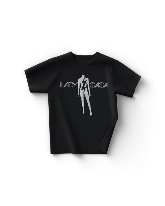 Black Lady Gaga The Fame t-shirt front featuring minimalist white silhouette graphic with lightning bolt and Lady Gaga logo text