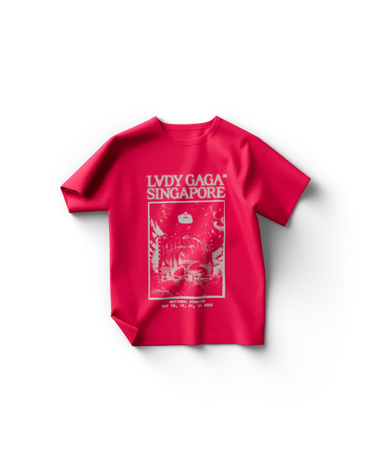 Lady Gaga pink Singapore T-shirt featuring “LVDY GAGA SINGAPORE” text with concert poster graphic and National Stadium 2025 tour dates on front