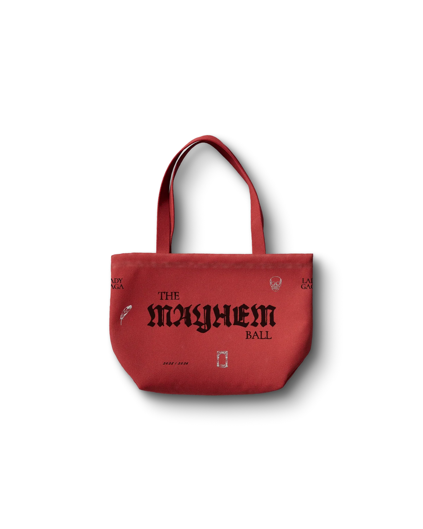 Lady Gaga red Opera Haus tote bag front featuring “The Mayhem Ball” gothic text with small graphic icons on canvas